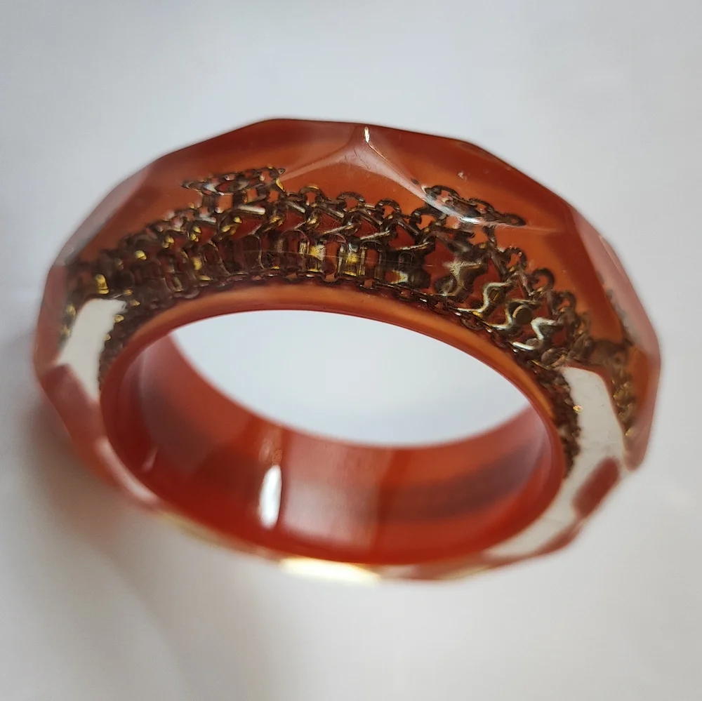 Chunky Lucite Chain Encased Bangle Bracelet Vintage Heavy Weight Layered EUC